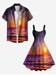 Tenue de plage hawaïenne assortie pour couples, imprimé de feuilles tropicales, de vagues et de paysage marin, grandes tailles - Orange 