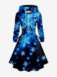 Plus Size Christmas Snowflake Galaxy Print Lace Up Drawstring Hoodie Dress -  