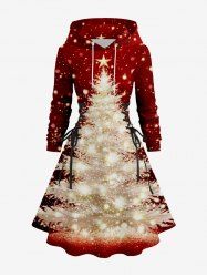 Robe à capuche grande taille avec imprimé 3D de paillettes et étoiles lumineuses en forme de sapin de Noël, lacets et cordon de serrage - Rouge 1X