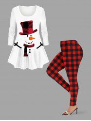 Christmas Snowman Plaid Print Plus Size Matching Set -  