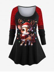 T-shirt à manches raglan imprimé 3D à paillettes scintillantes avec motif de cerf lumineux de Noël grande taille - Noir 4X