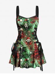 Christmas Tree Hat Skulls Ghost Butterfly Print Lace Up Tank Dress -  