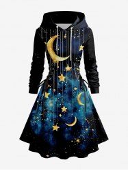 Plus Size Galaxy Moon Star Tassel Print Lace Up Drawstring Hoodie Dress -  