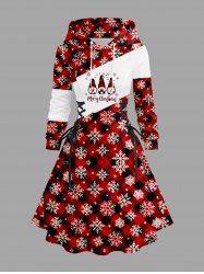 Plus Size Christmas Santa Claus Snowflake Plaid Print Lace Up Drawstring Hoodie Dress -  