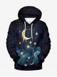 Sweat à capuche grande taille pour homme, imprimé galaxie lune étoiles et pompons, poches à cordon, cordon de serrage. - Noir M