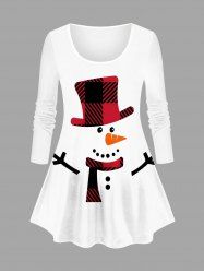Plus Size Christmas Snowman Plaid Print Long Sleeves T-shirt -  