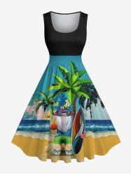 Robe trapèze grande taille à imprimé Père Noël, cocotier et plage, style hawaïen vintage - Noir S