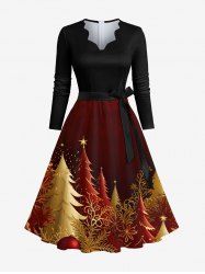 Plus Size Christmas Tree Ball Leaf Print Scalloped Neck A Line Dress with Removable Belt -  