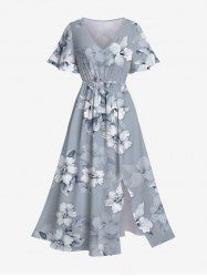 Plus Size Flowers Leaf Print Split Hawaii Midi Dress -  