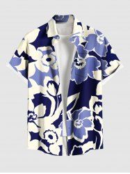 Plus Size Two Tone Flower Print Hawaii Button Pocket Shirt For Men -  