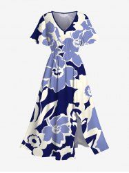 Plus Size Two Tone Flower Print Hawaii Split Pocket A Line Midi Dress -  