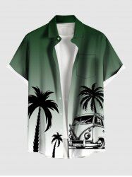 Plus Size Coconut Tree Bus Dip Dye Ombre Print Hawaii Button Pocket Shirt For Men -  