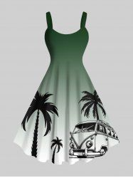 Robe trapèze hawaïenne grande taille à imprimé dégradé et motif cocotier, bus - Vert 2X