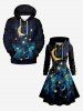 Ensemble assorti grande taille pour couples, imprimé galaxie lune étoile et pompons - Noir 