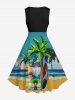 Robe trapèze grande taille à imprimé Père Noël, cocotier et plage, style hawaïen vintage - Noir 4X