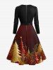 Plus Size Christmas Tree Ball Leaf Print Scalloped Neck A Line Dress with Removable Belt -  