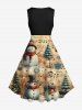 Robe trapèze vintage grande taille, imprimé ombré sapin de Noël bonhomme de neige et symboles musicaux - Noir 4X
