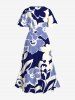 Plus Size Two Tone Flower Print Hawaii Split Pocket A Line Midi Dress -  