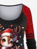 T-shirt à manches raglan imprimé 3D à paillettes scintillantes avec motif de cerf lumineux de Noël grande taille - Noir 4X