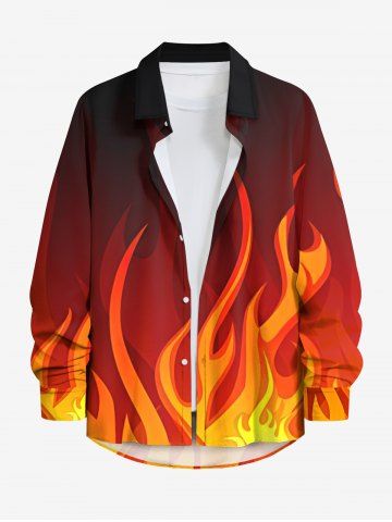 Plus Size Ombre Fire Flame Print Button Long Sleeves Shirt For Men - DEEP RED - 5XL