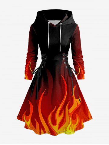 Plus Size Ombre Fire Flame Print Lace Up Hooded A Line Long Sleeves Dress - BLACK - 2X