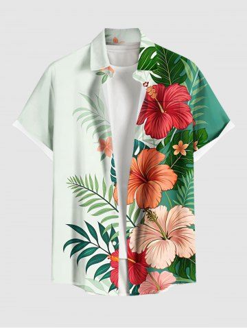 Plus Size Tropical Leaf Hibiscus Flower Print Hawaii Buttons Pocket Shirt For Men - CRYSTAL CREAM - 5XL
