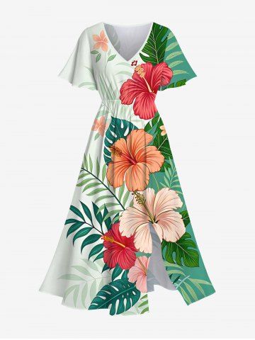 Plus Size Tropical Leaf Hibiscus Flower Print Hawaii Split Pocket A Line Midi Dress - GREEN - 3X