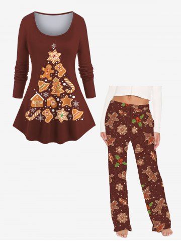 Women's Christmas Tree Bell Gingerbread Candy Snowflake Print Plus Size Matching Pajama Set - BROWN