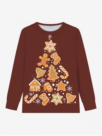 Plus Size Men's Christmas Tree Bell Gingerbread Candy Snowflake Print Long Sleeves T-shirt