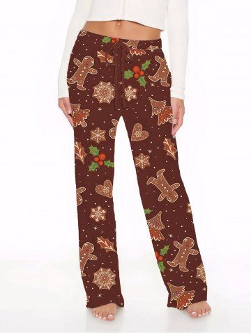 Pantalon à jambes larges avec cordon de serrage et imprimé sapin de Noël, fruits, flocons de neige, cœurs et pain d'épice pour femmes grandes tailles