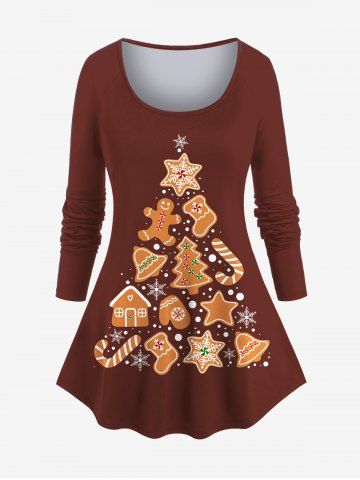 Plus Size Women's Christmas Tree Bell Gingerbread Candy Snowflake Print Long Sleeves T-shirt - BROWN - S
