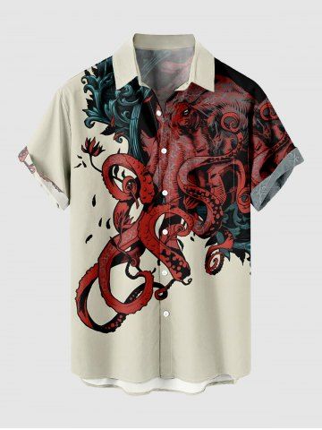 Plus Size Octopus Flowers Print Buttons Pocket Hawaii Shirt For Men - LIGHT COFFEE - S