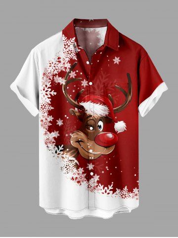 Plus Size Christmas Elk Snowflake Colorblock Print Buttons Pocket Shirt For Men - RED - 3XL