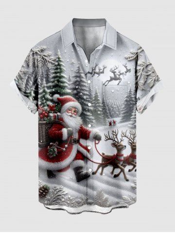 Plus Size Christmas Tree Santa Claus Elk Snowflake Print Buttons Pocket Shirt For Men - LIGHT GRAY - 6XL