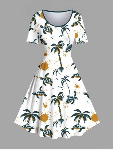Plus Size Coconut Tree Turtle Sun Print Hawaii Vintage Dress - WHITE - 5X