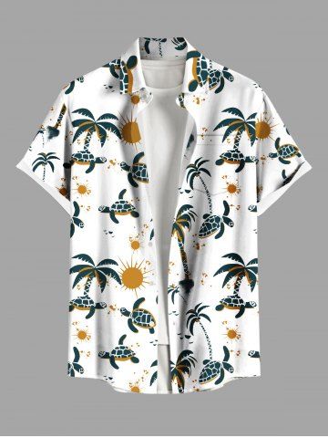 Plus Size Coconut Tree Turtle Sun Print Buttons Pocket Hawaii Shirt For Men - WHITE - S