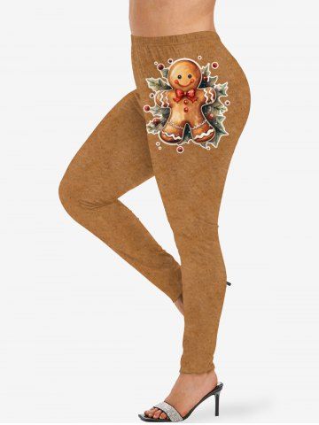 Leggings grande taille à imprimé Noël pain d&#39;épice, houx et feuilles de fruits - LIGHT BROWN - 6X