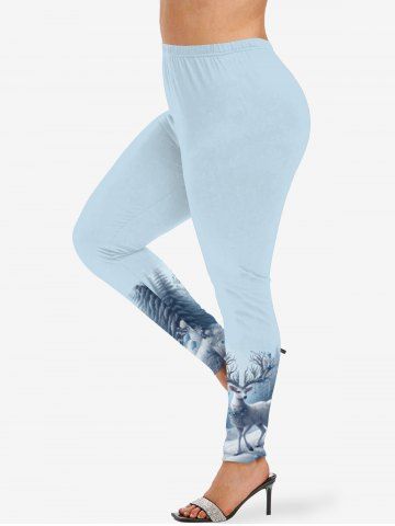 Leggings grande taille à imprimé fleurs et élans de Noël - SKY BLUE - 6X