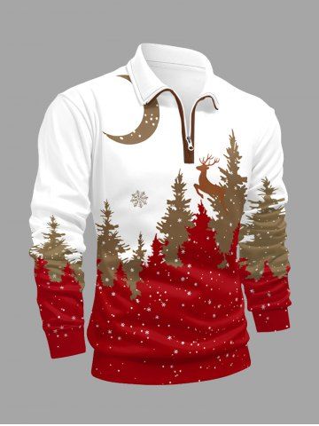 Plus Size Christmas Tree Snowflake Moon Colorblock Print Zipper Polo Shirt For Men - RED - XS