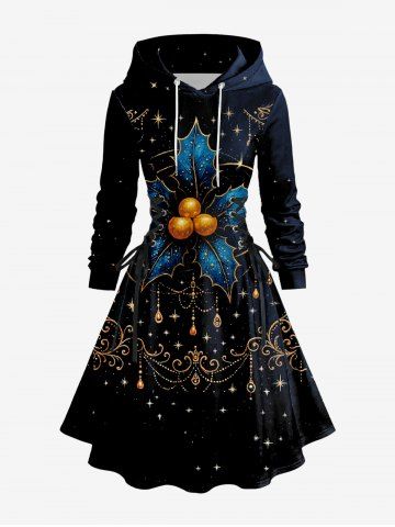 Plus Size Christmas Holly Fruit Leaf Star Tassel Print Lace Up Drawstring Hoodie Dress - BLACK - L