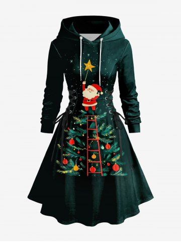 Plus Size Christmas Tree Ball Star Santa Claus Print Lace Up Drawstring Hoodie Dress - BLACK - M