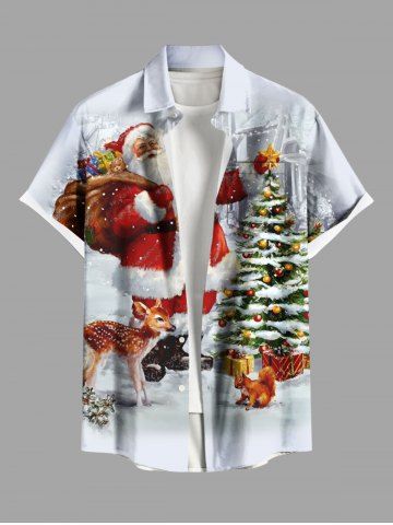 Plus Size Christmas Tree Santa Claus Elk Squirrel Print Buttons Pocket Shirt For Men - WHITE - 3XL