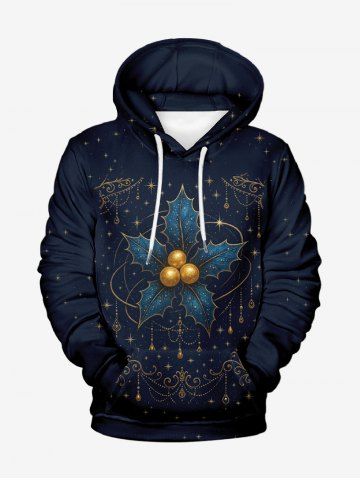 Plus Size Christmas Holly Fruit Leaf Star Tassel Print Drawstring Pockets Hoodie For Men - BLACK - 6XL