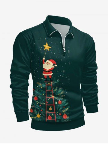 Plus Size Christmas Tree Ball Star Santa Claus Print Long Sleeve Polo Shirt For Men - GREEN - XS