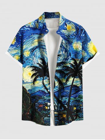 Plus Size Coconut Tree Spiral Painting Galaxy Print Hawaii Button Pocket Shirt For Men - NAVY BLUE - 4XL