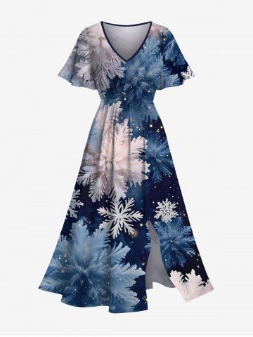 Plus Size Christmas Snowflake Galaxy Print Split Pocket A Line Midi Dress - NAVY BLUE - M