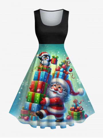 Plus Size Christmas Santa Claus Penguin Snowflake Print 1950s Vintage Dress - JADE GREEN - 1X