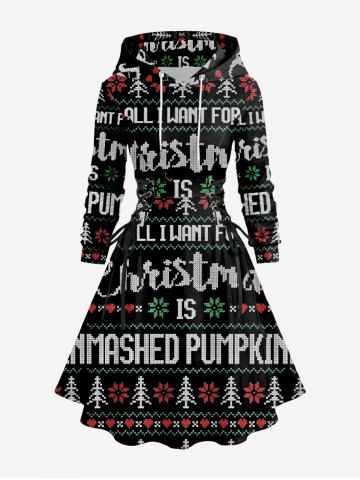 Plus Size Christmas Tree Snowflake Knitting 3D Print Lace Up Drawstring Hoodie Dress - BLACK - XS