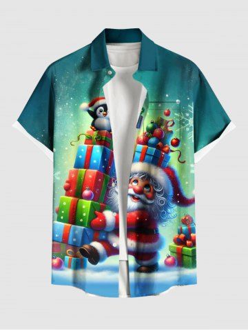 Plus Size Christmas Santa Claus Penguin Snowflake Print Buttons Pocket Shirt For Men - GREEN - S