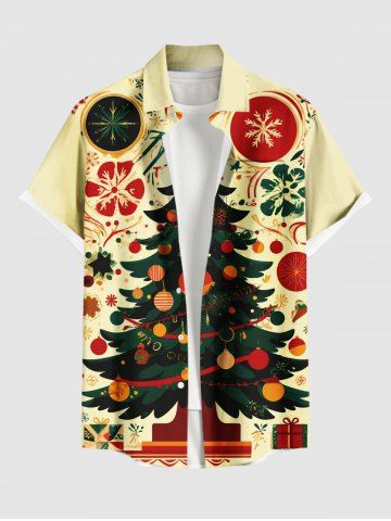 Plus Size Christmas Tree Light Ball Snowflake Flowers Print Buttons Pocket Shirt For Men - LIGHT YELLOW - S